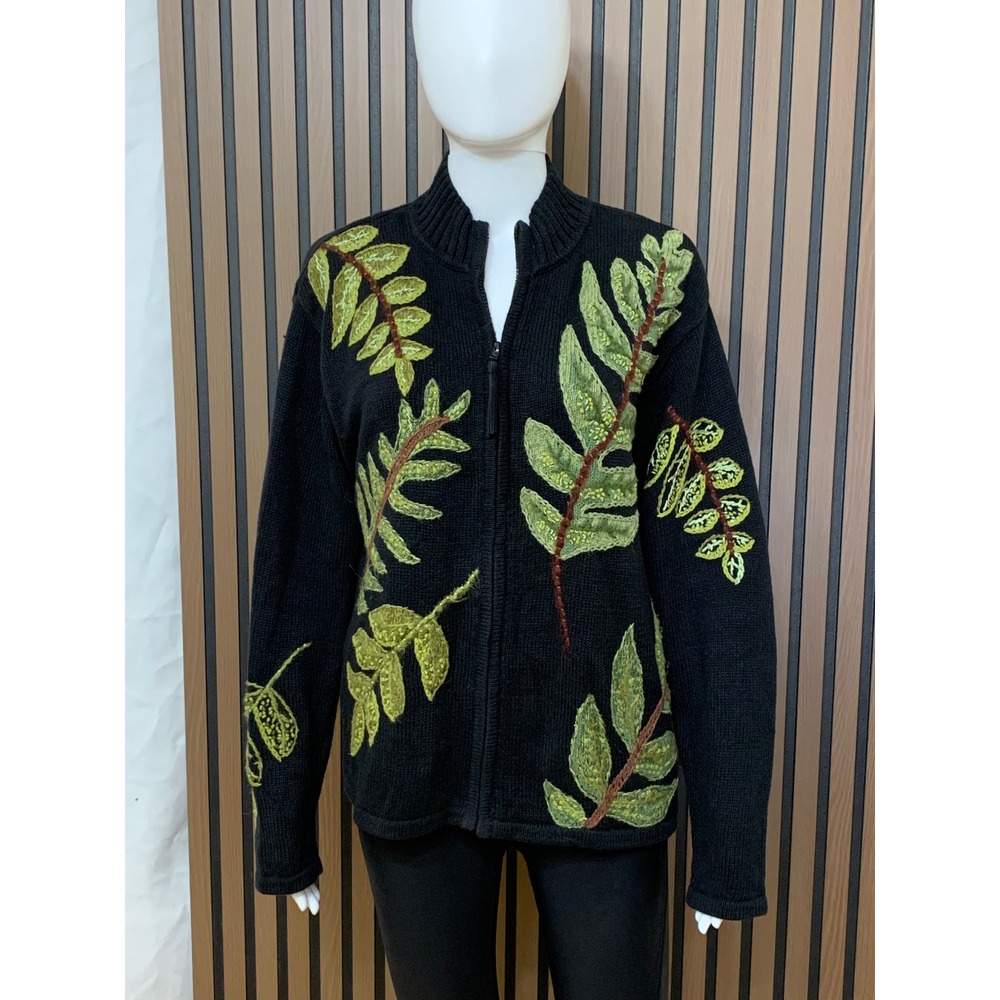 Tiara International Black Zip Up Cardigan Sweater Green Leaf Embroidered Large